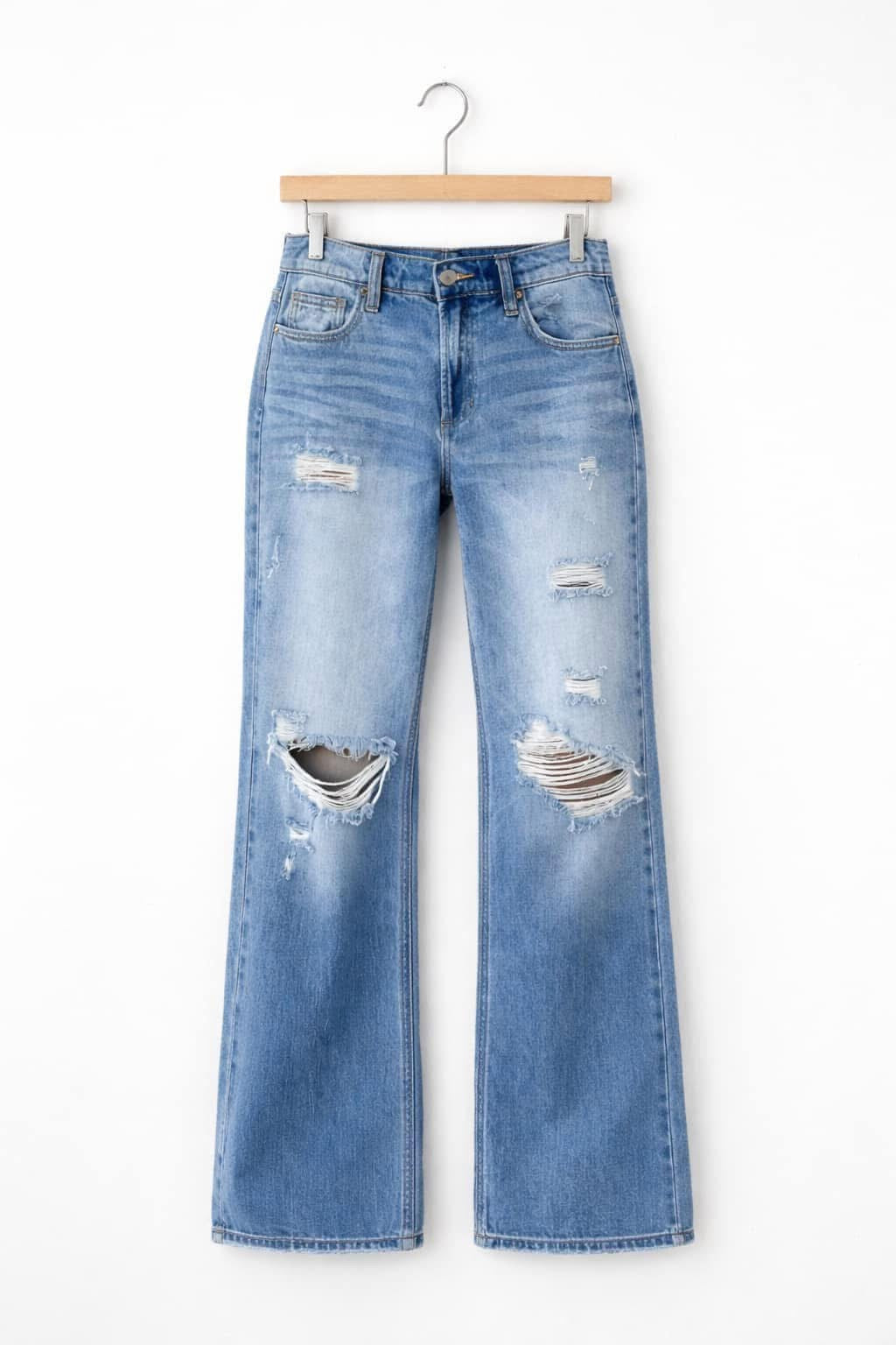 Mid Rise Distressed Straight Jeans